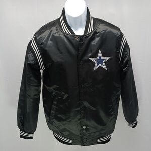 NWOT NFL Dallas Cowboys Starter Black Team Logo Satin Varsity Jacket Full Snap S